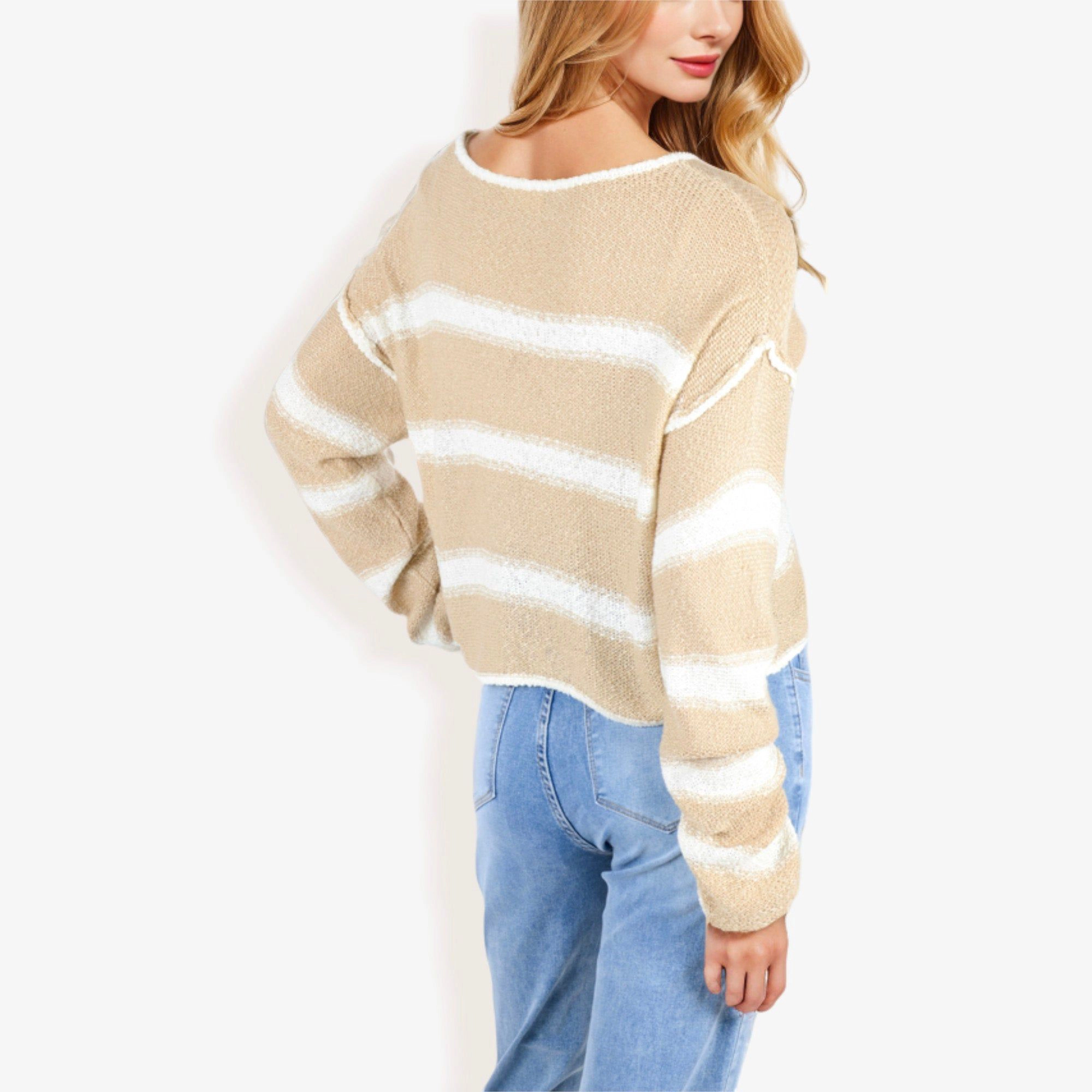 Anna-Kaci Women's Long Sleeve Striped Sweater With Crew Neck, Cropped Fit