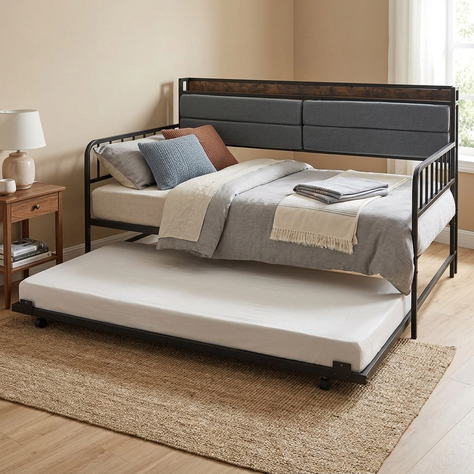 SUGIFT Twin Size LED Lights Charging Station Trundle Metal Daybed 77-in x 45-in x 45-in 480-lb Capacity Rustic Brown