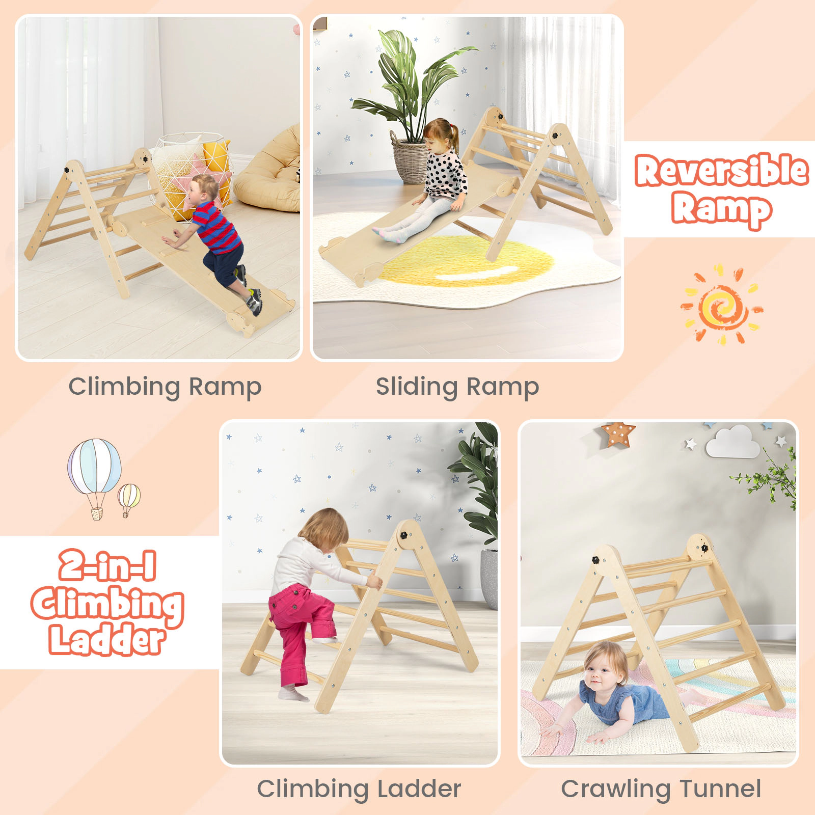 LJG 3-in-1 Climbing Set Foldable and Adjustable Kids Triangle Set