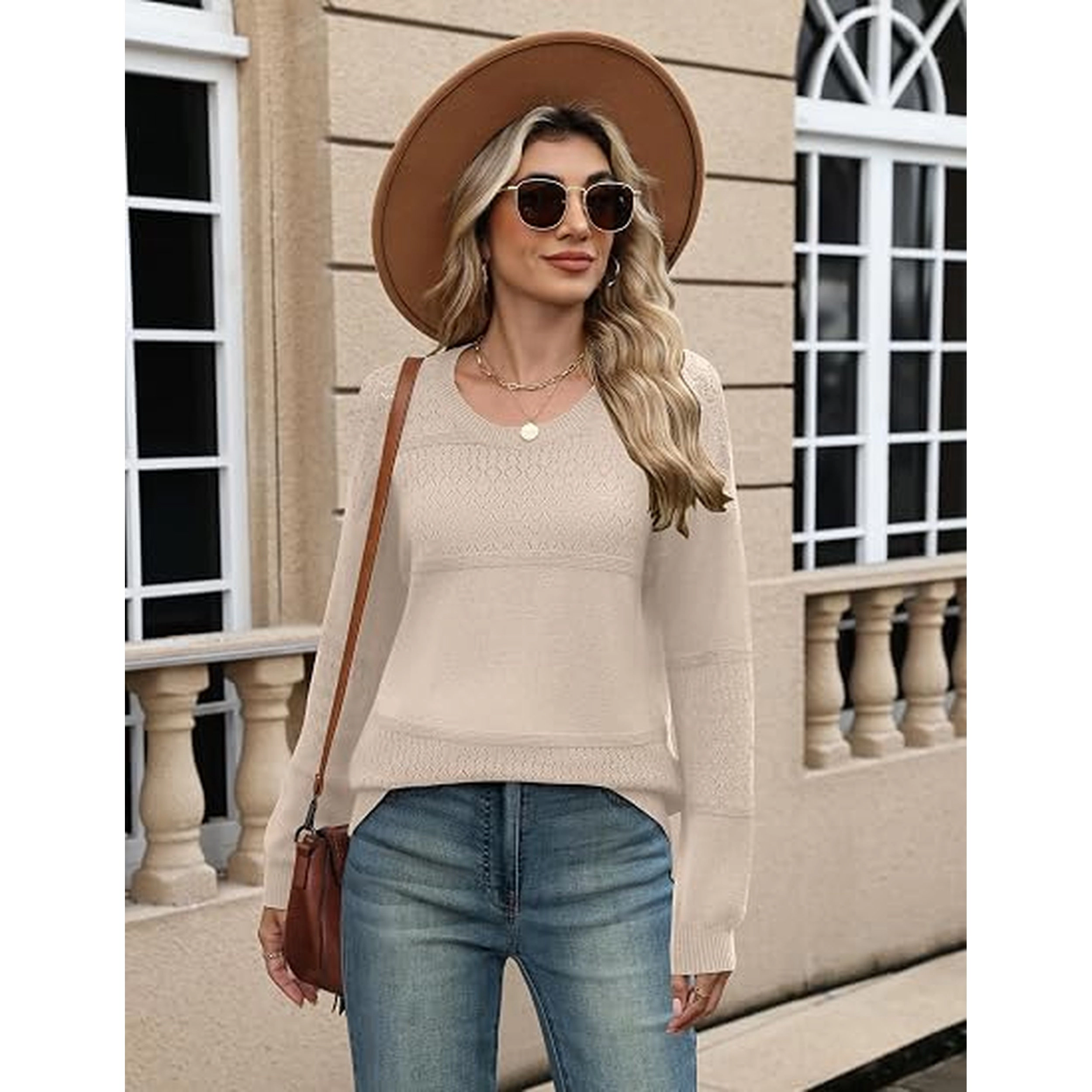 Zeagoo Women's Long Sleeve Crew Neck Crochet Pullover