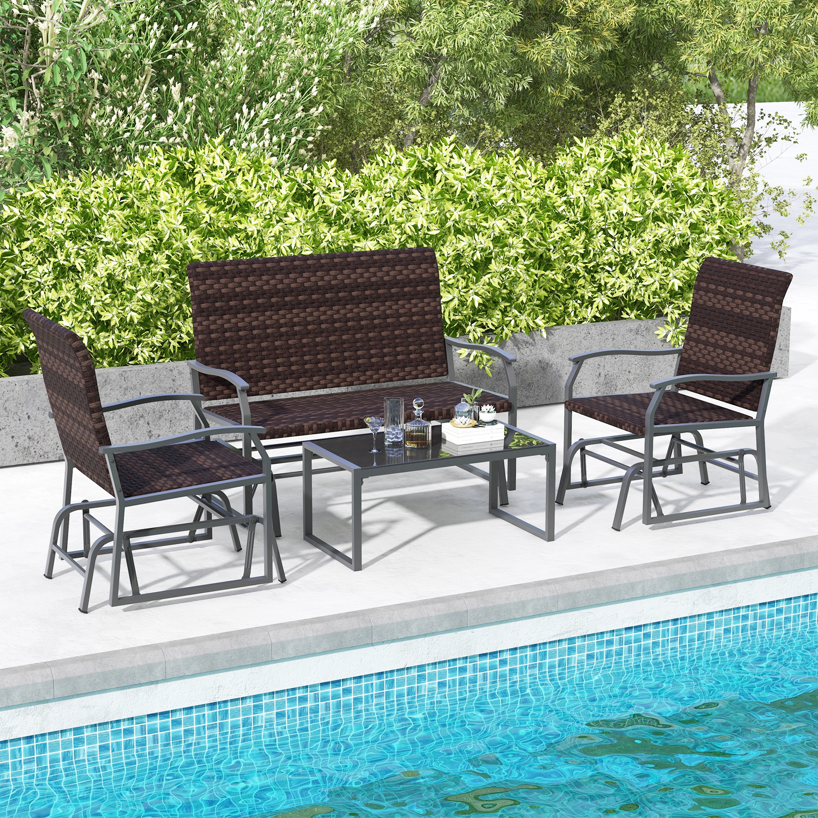 LJG 4 Piece Patio Gliding Set Wicker Swing Glider Furniture Set All Weather Witrh Tempered Glass Coffee Table