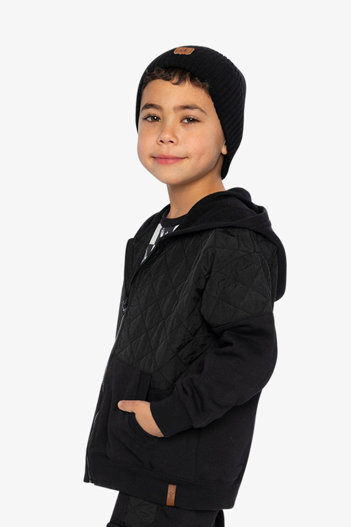 Deux par Boys Full Zip Hooded Bi-Material Cardigan with Quilted Chest Panel