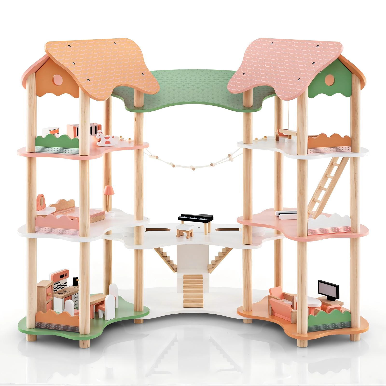 SUGIFT 3-Tier Wooden Dollhouse Playset with 31 Furniture Pieces for 3-6 in Dolls Ages 3-8 Pink+Green+Natural