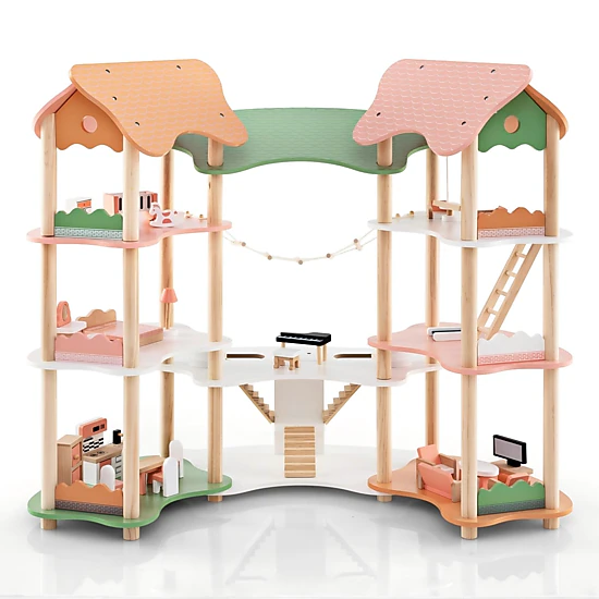 SUGIFT 3-Tier Wooden Dollhouse Playset with 31 Furniture Pieces for 3-6 in Dolls Ages 3-8 Pink+Green+Natural