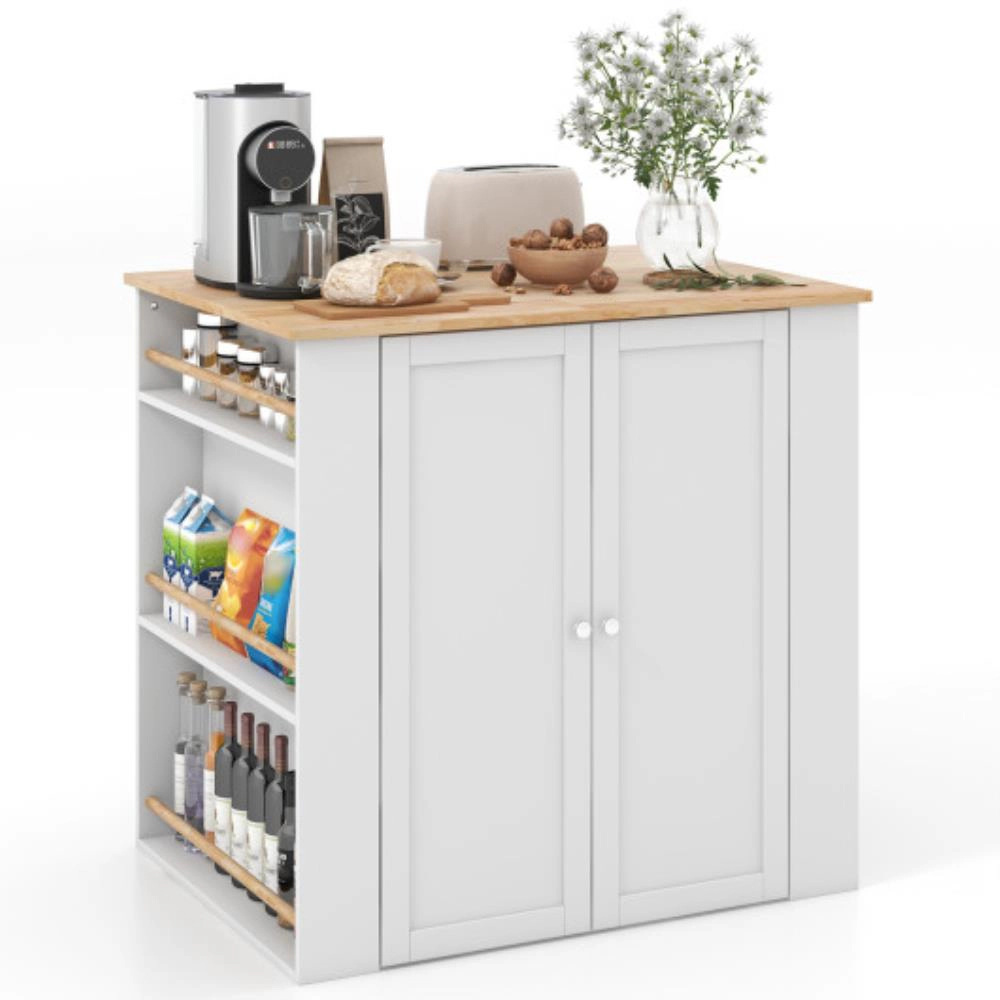 Hivvago Modern Kitchen Island With Rubber Wood Countertop And Storage-White