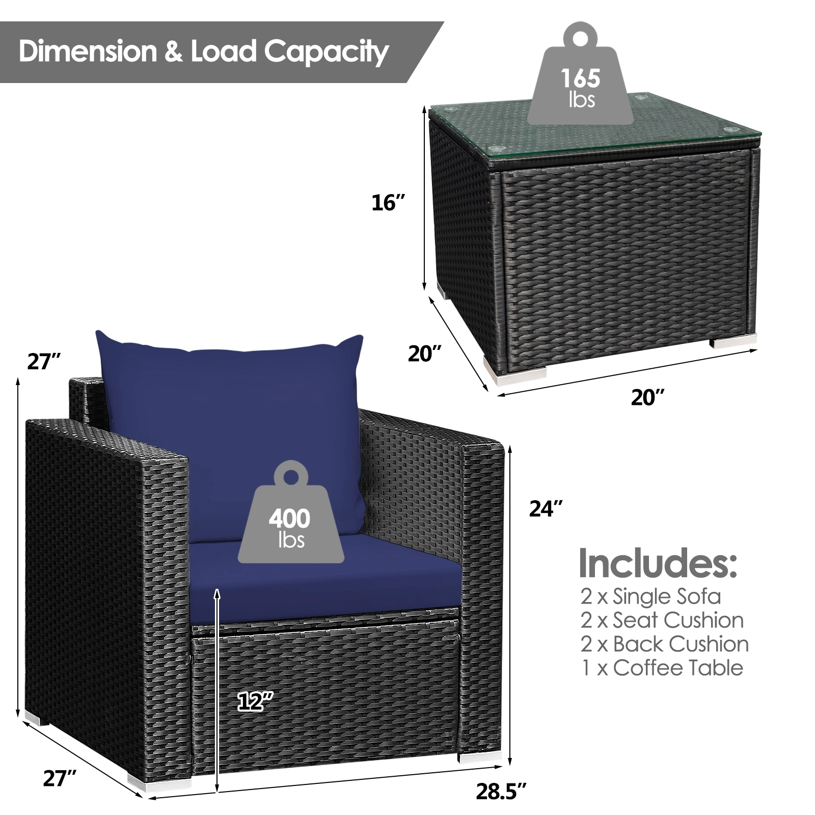 SUGIFT Steel Frame Patio Wicker Conversation Set with Cushions 400-lb Sofa Capacity Navy Black Rattan