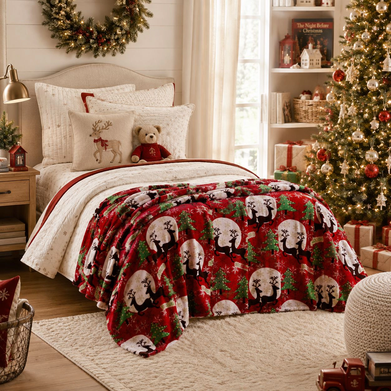Kate Aurora Holiday Living Christmas Holiday Magical Reindeer Plush Accent Red Throw Blanket
