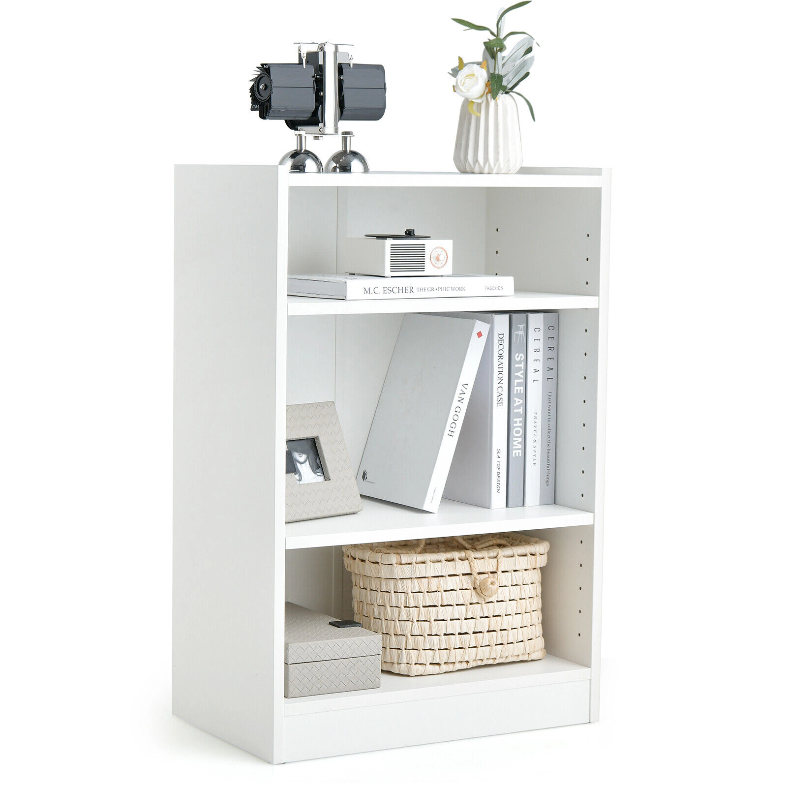 SUGIFT White 3-Tier Bookcase Open Display Rack with 18-Position Adjustable Shelves