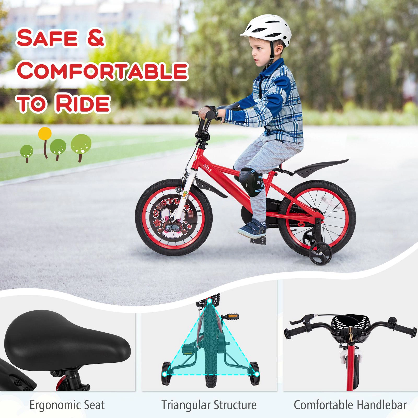 SUGIFT Red Training Wheels Storage Basket Double Brake and Fenders Kids 16 Inch Bike