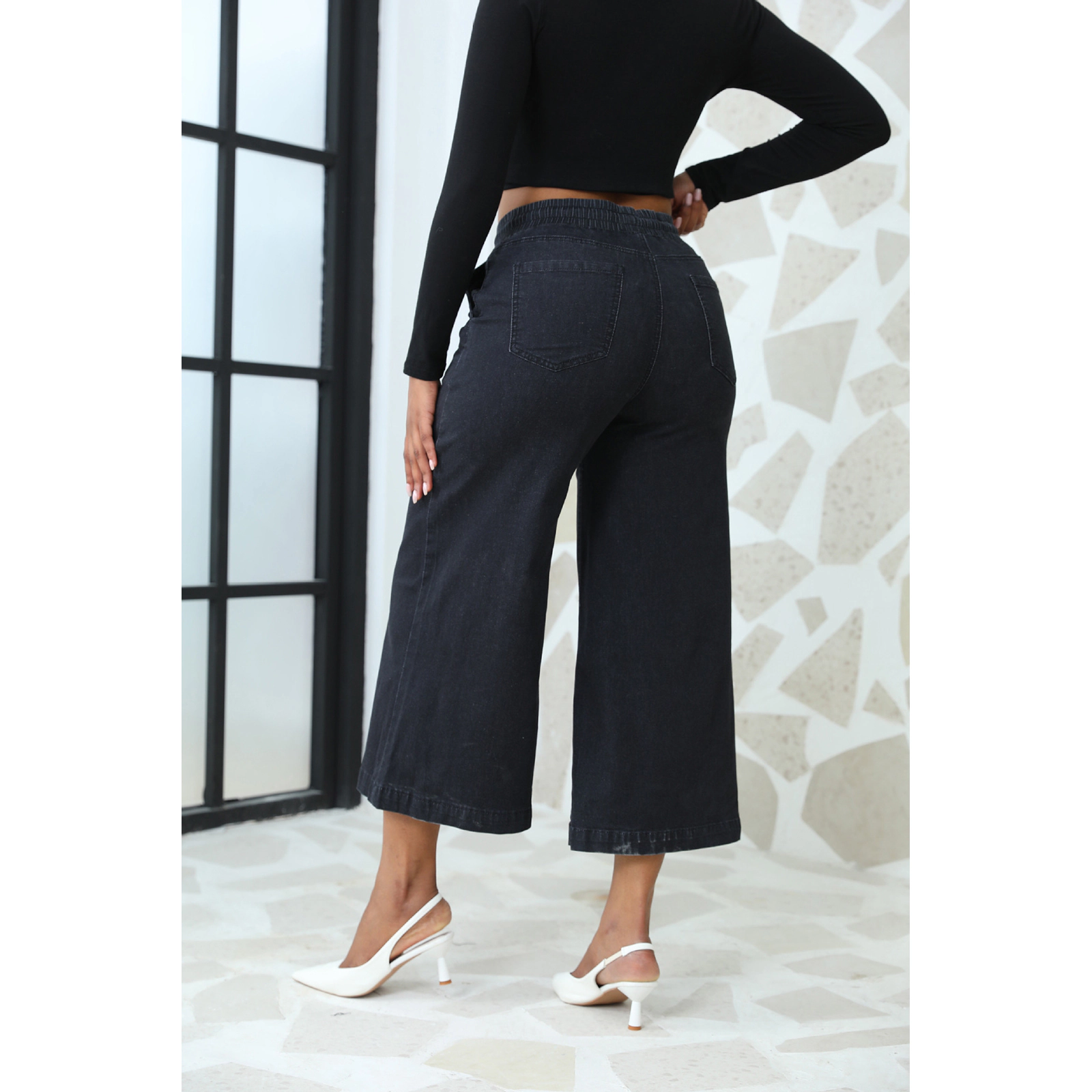 EadianDree Wide Leg Jeans for Womens Elastic Waist Casual Loose High Denim Cropped Pants