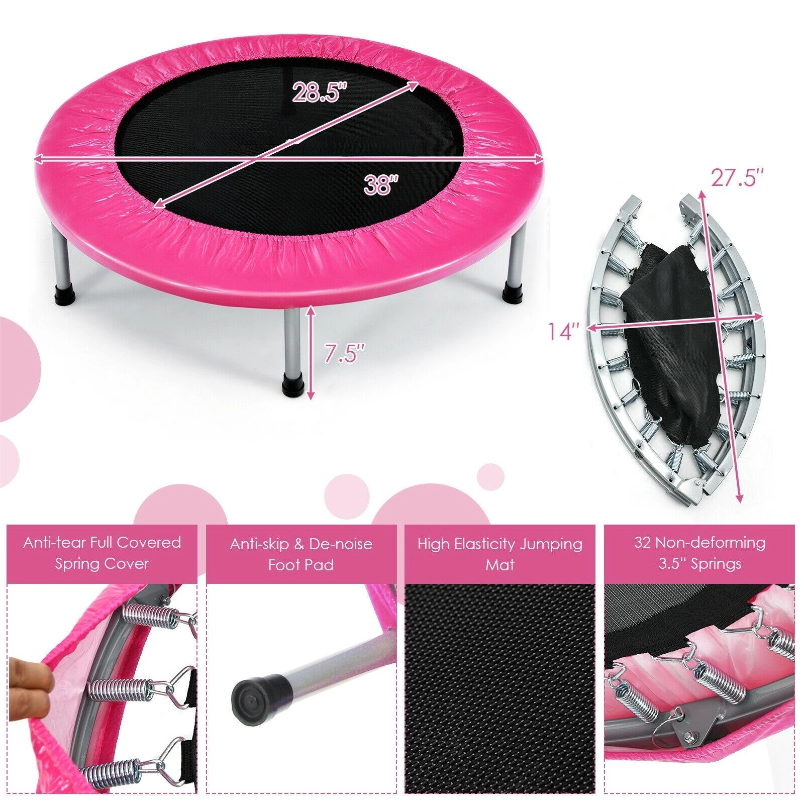 SUGIFT Pink Portable Fitness 38 Inch Adult and Kids Mini Folding Trampoline Rebounder