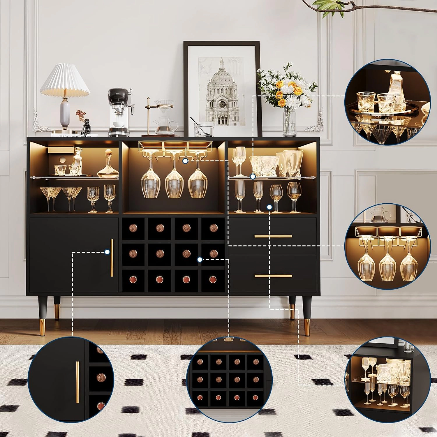 BebreezChic 47" Modern Wine Bar Cabinet w/ LED Light & Charging Station, Oak/Black