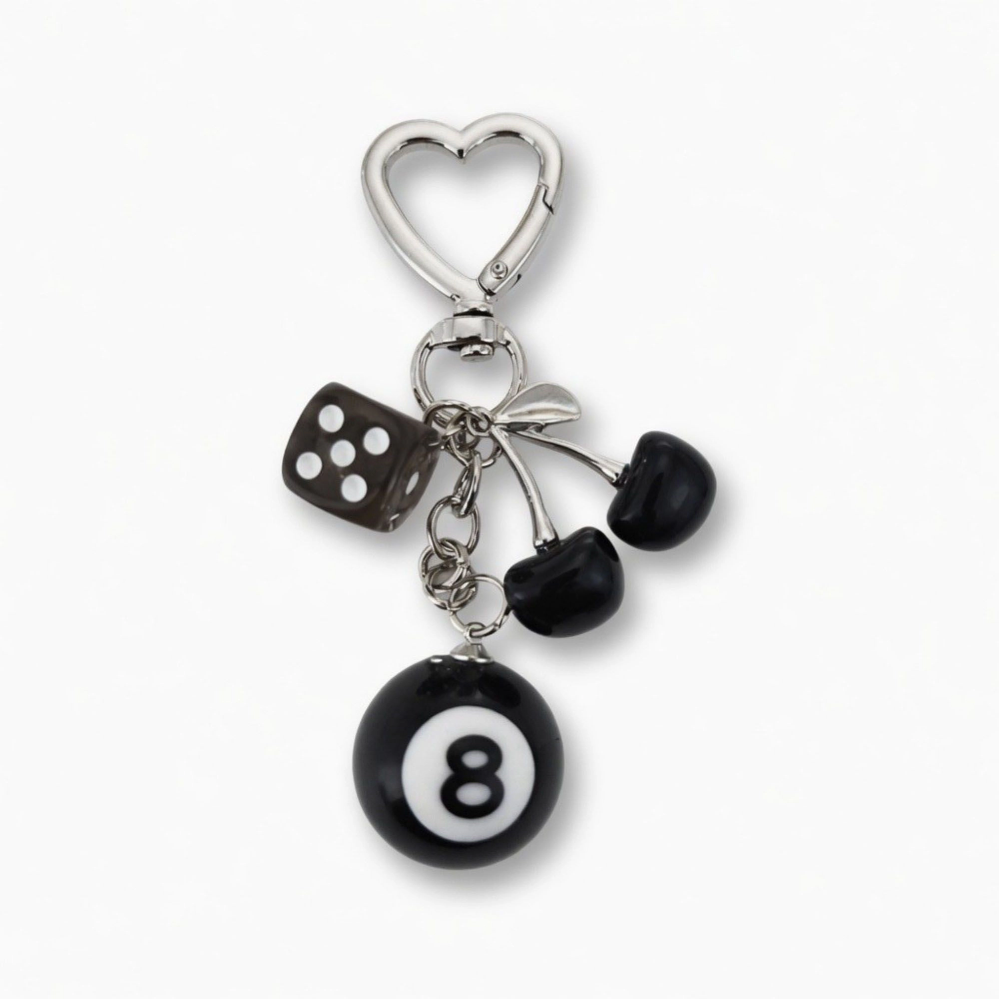 Alilang Women's 8 Ball Cherry Dice Charm Keychain with Heart Clip Novelty Bag Key Ring Accessory