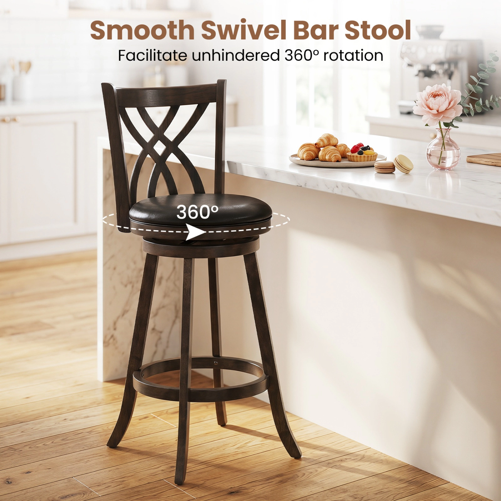 SUGIFT Set of 4 30.5-in Seat H Rubber Wood Frame Hollow Back and Footrest Ring Swivel Bar Stools Gray