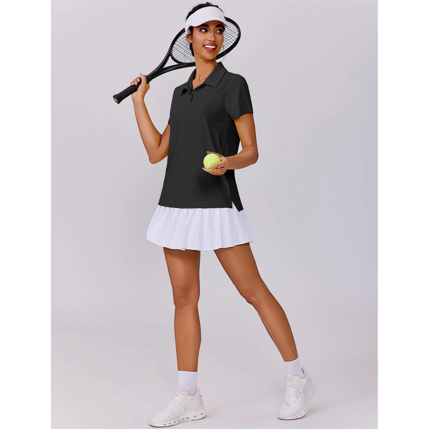 Pinspark Womens Classic Collar Short Sleeve Polo Shirts Solid Side Split Casual Tops