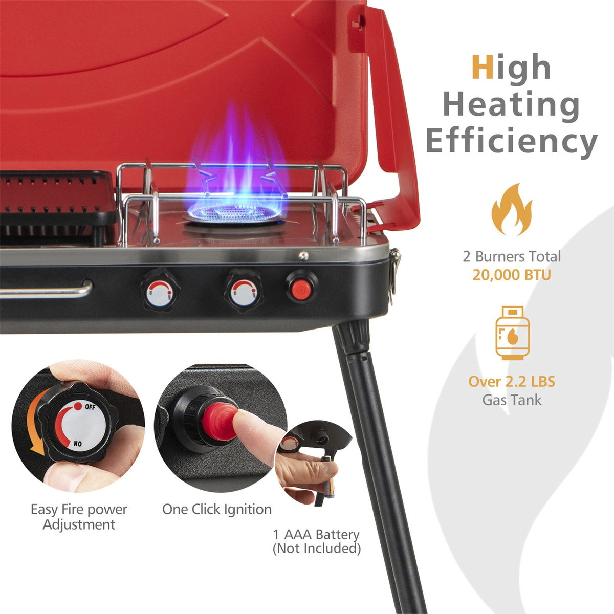 SUGIFT 2-in-1 Red Gas Camping Grill and Stove with Dual Burners Removable Grease Collector and 4 Legs