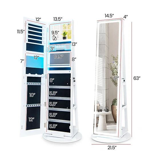 SUGIFT Standing Jewelry Cabinet with Adjustable LED Lights and Rotating Base Full-Length Mirror and Makeup Shelf White
