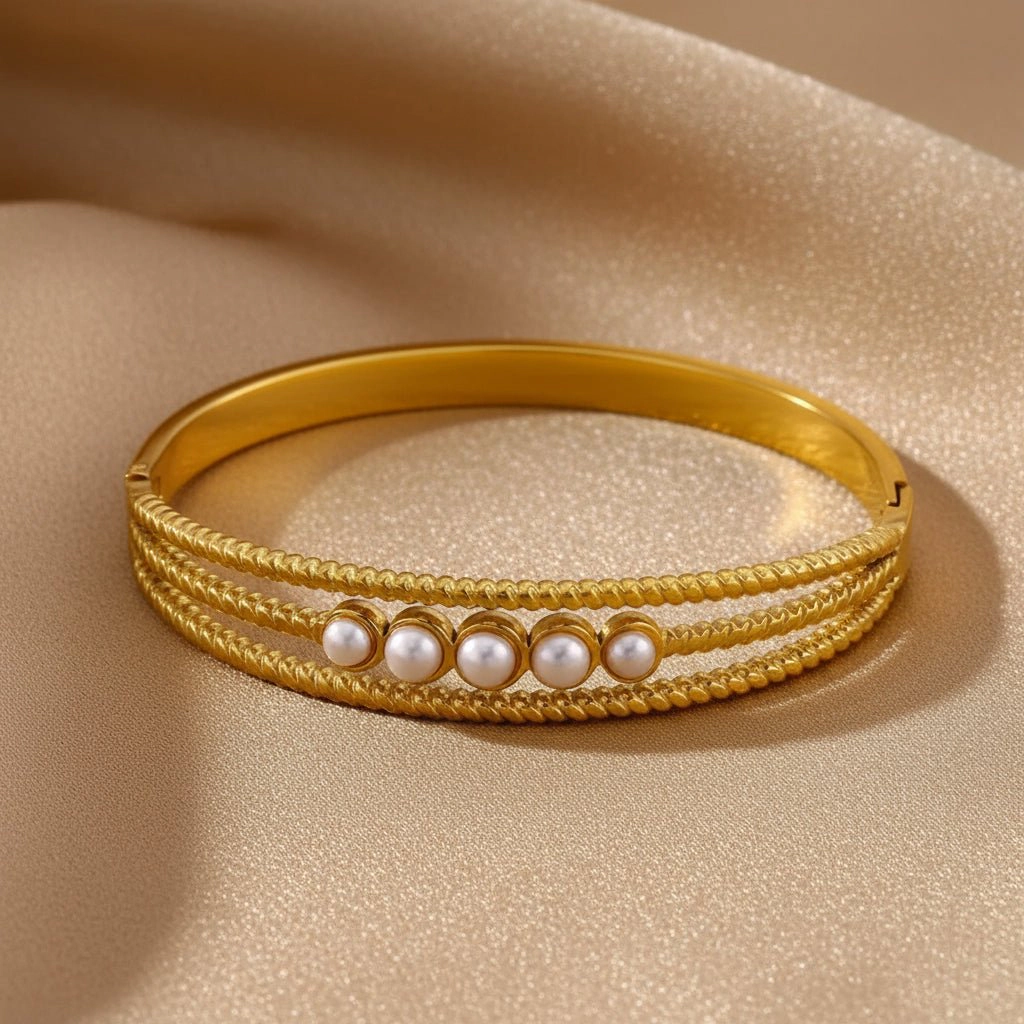 DressAtR Women's Pearl Gold Plated Bangle Bracelet