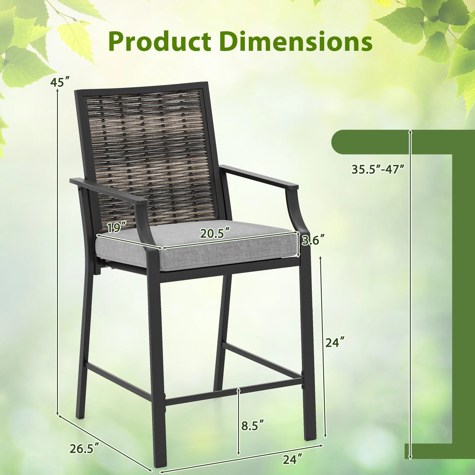 SUGIFT Set of 2 Gray Rattan Counter-Height Patio Bar Stools with Woven Backs and Cushions