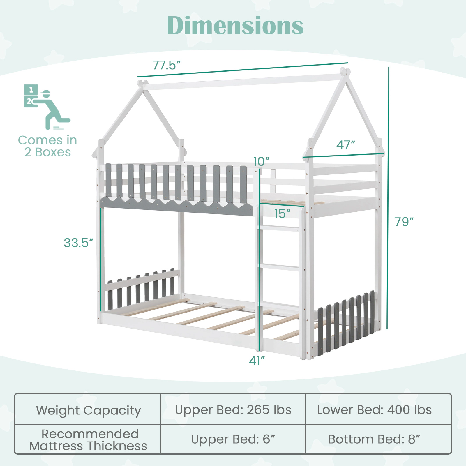 SUGIFT White House Frame Fence Rails and Ladder Twin Over Twin Kids Bunk Bed