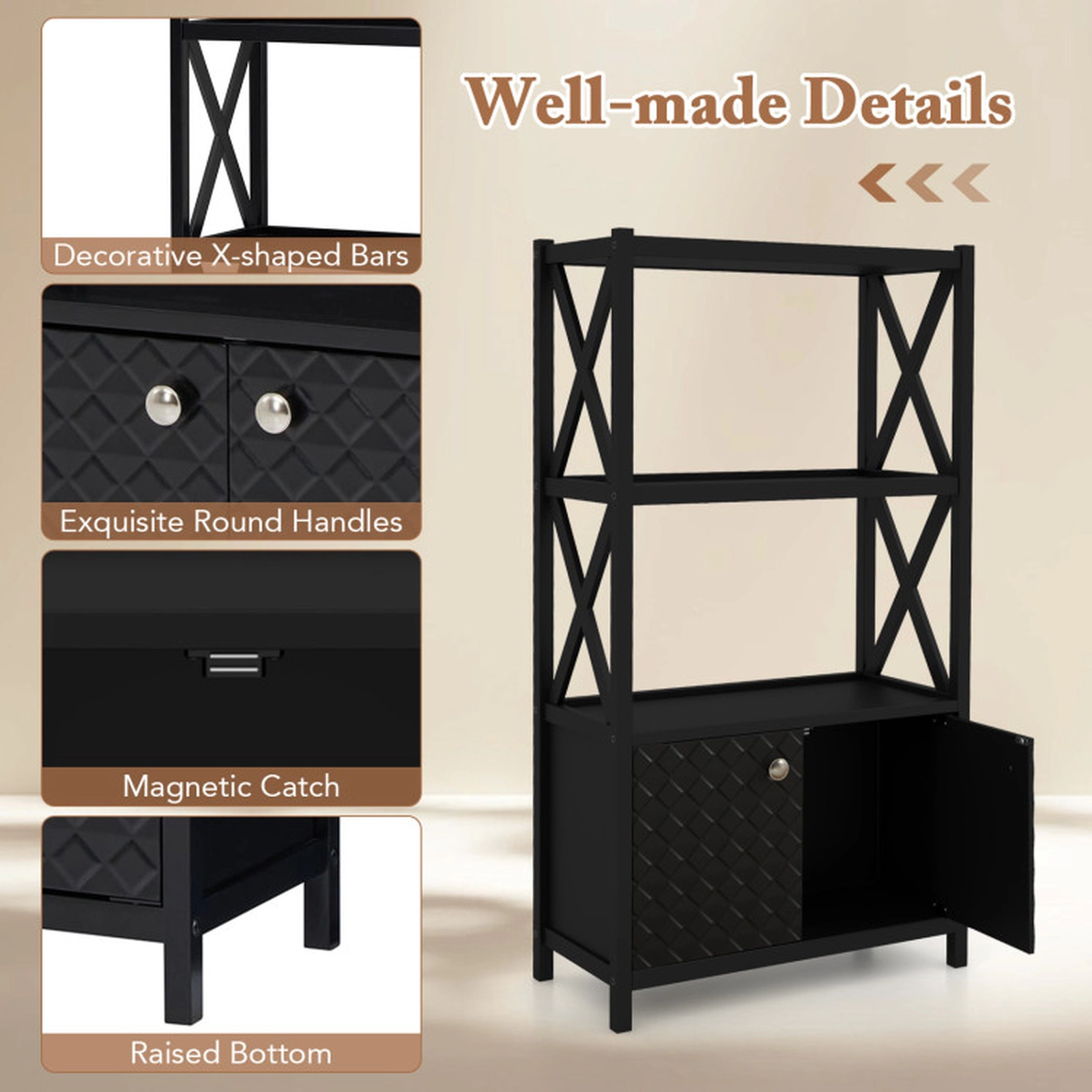 SUGIFT 25-in Wide Bathroom Storage Cabinet with Open Shelves and Double Doors 88-lb Capacity 47-in Tall Black