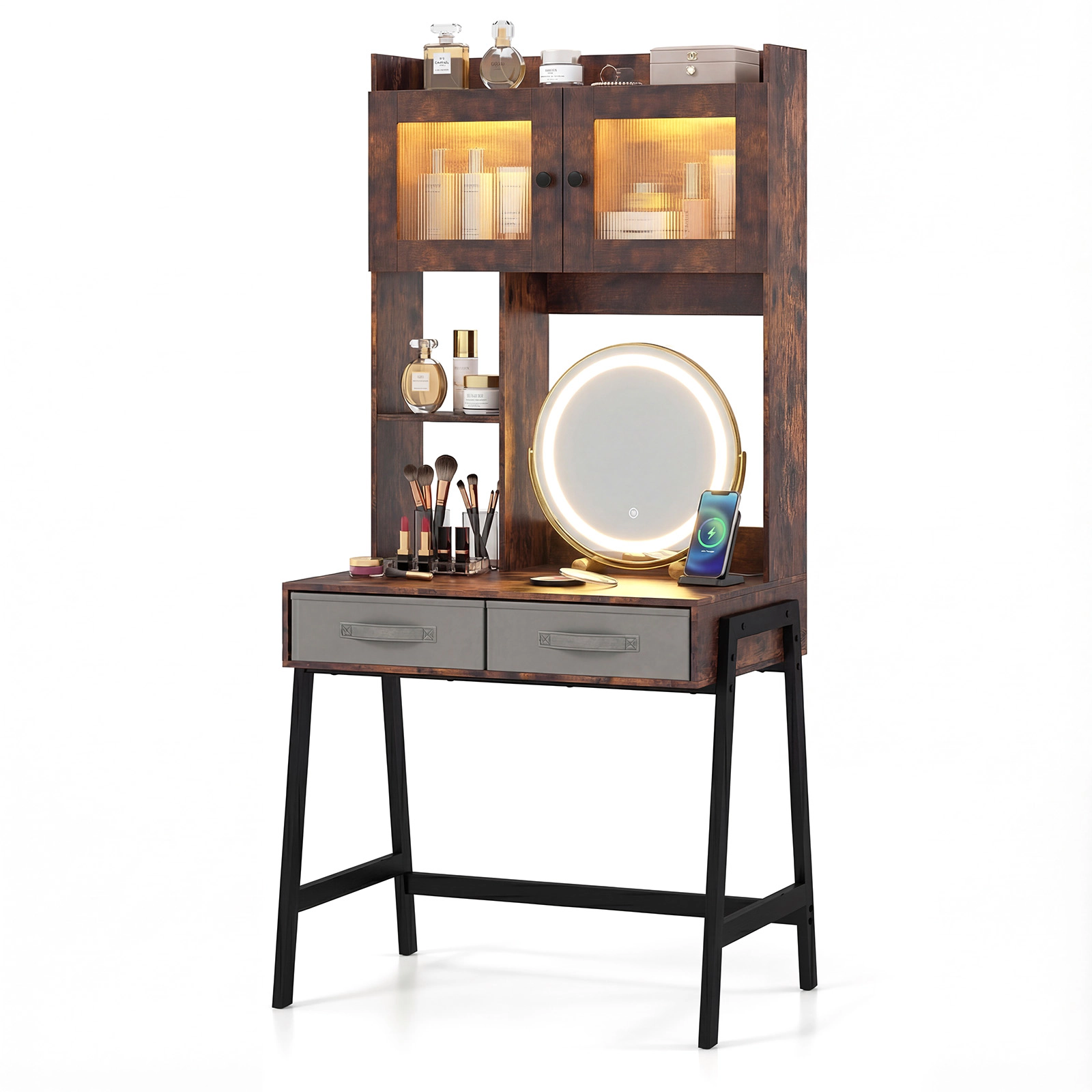 LJG Vanity Desk with Rotatable Mirror and Lights Modern Dressing Table with 3 Light Colors