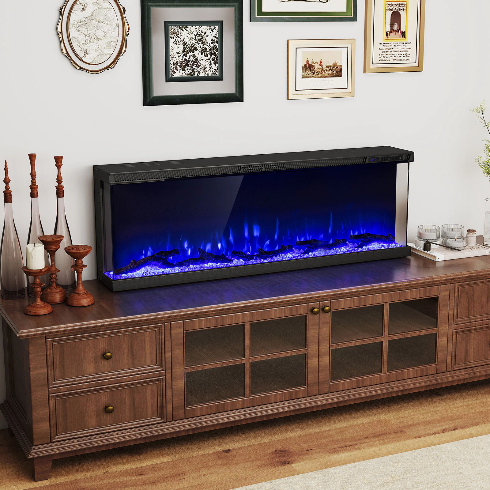 SUGIFT 50-in 3-Sided Tempered Glass 12 Flame Colors Electric Fireplace Insert 50-in x 7.8-in x 17.3-in 1500W Black