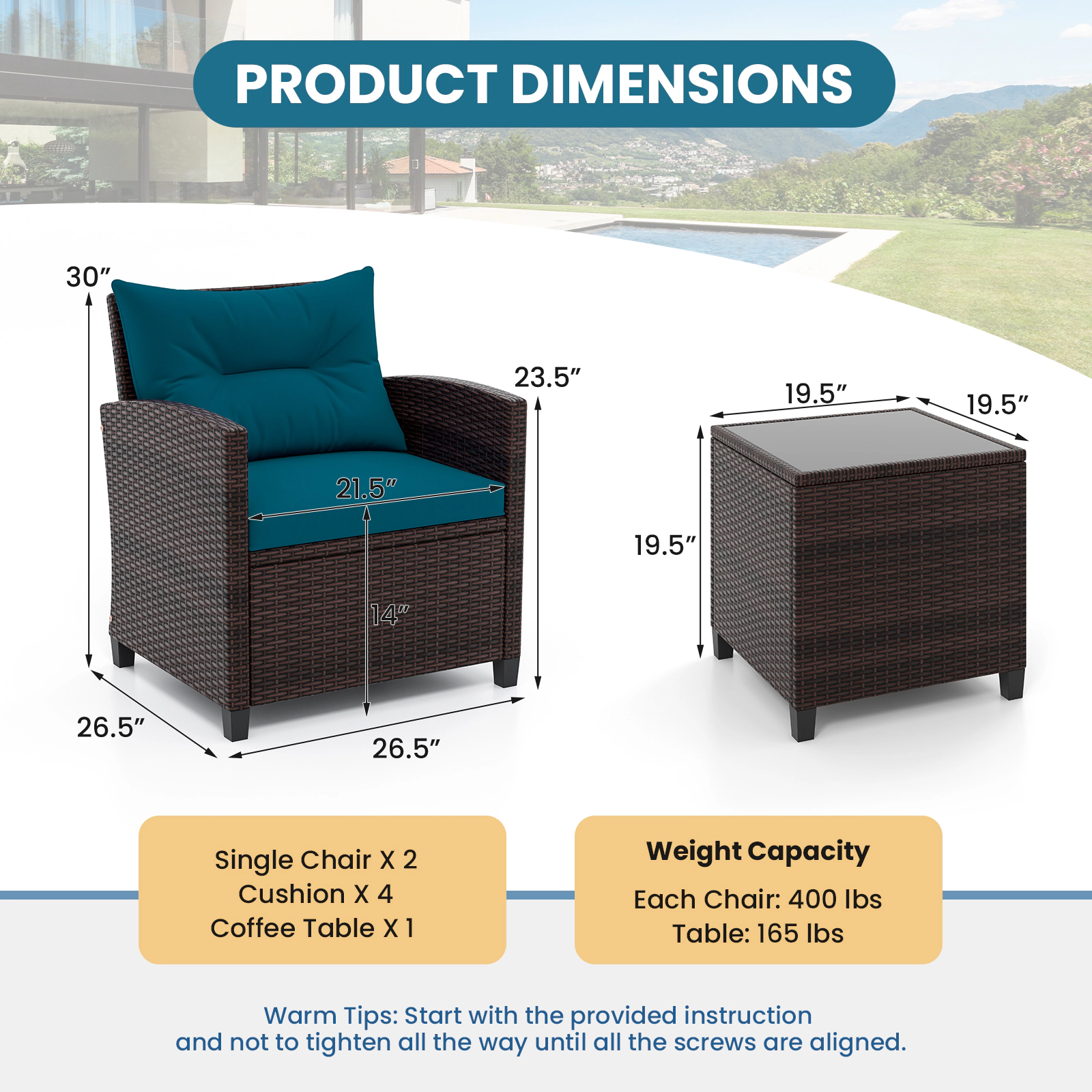 SUGIFT 3-Piece Rattan Patio Conversation Set with Steel Frame 360-lb Chair Capacity 26.5-in Chairs Peacock Blue