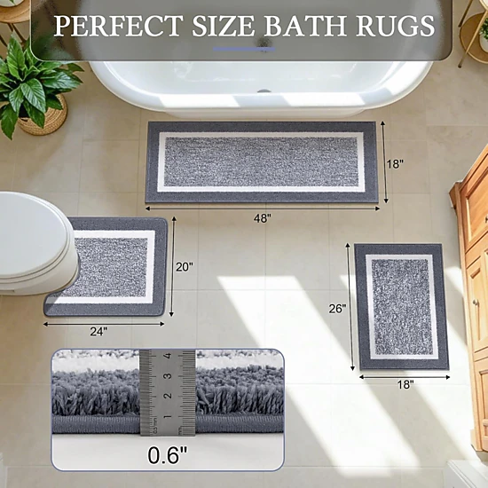 Stock Preferred Pack of 3 Plush Microfiber Non Slip Bathroom Rug Set