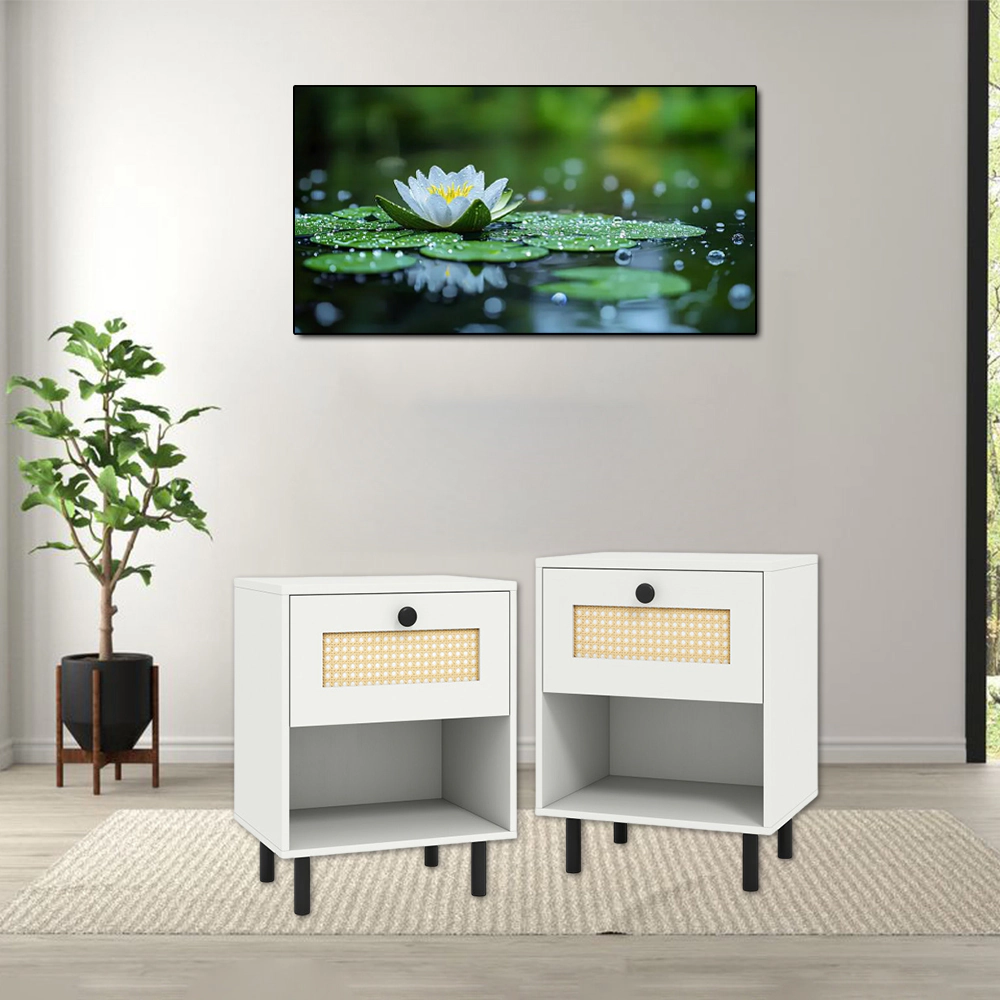 Hivvago Two-Piece Bohemian End Table Set with Cane Drawer Front and Open Compartment
