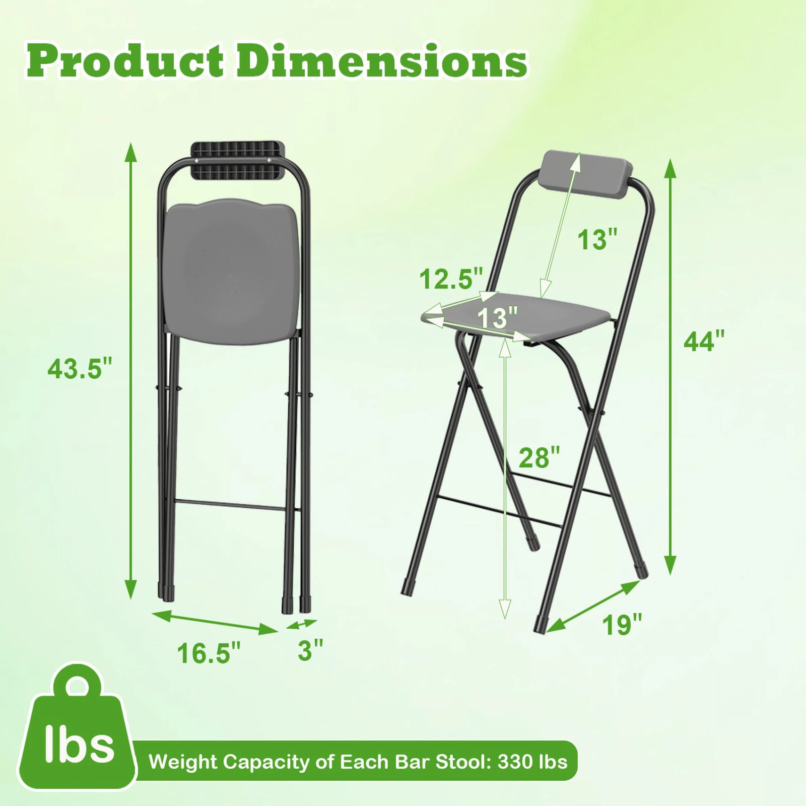 SUGIFT Black Ergonomic Seat and Footrest Set of 2 Portable Folding Bar Height Stools