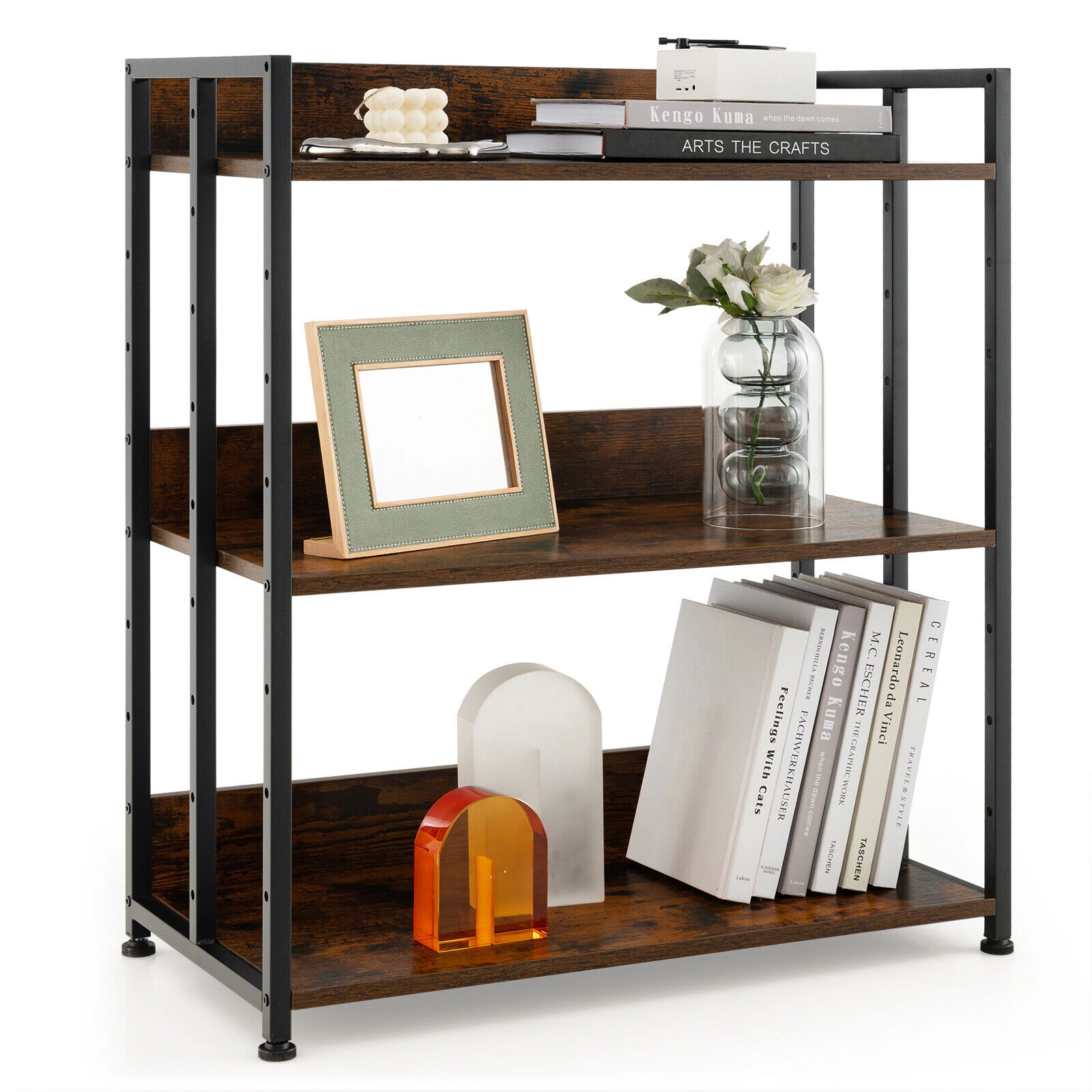 SUGIFT Rustic Brown 3-Tier Industrial Bookshelf with Adjustable Shelves and Raised Edges