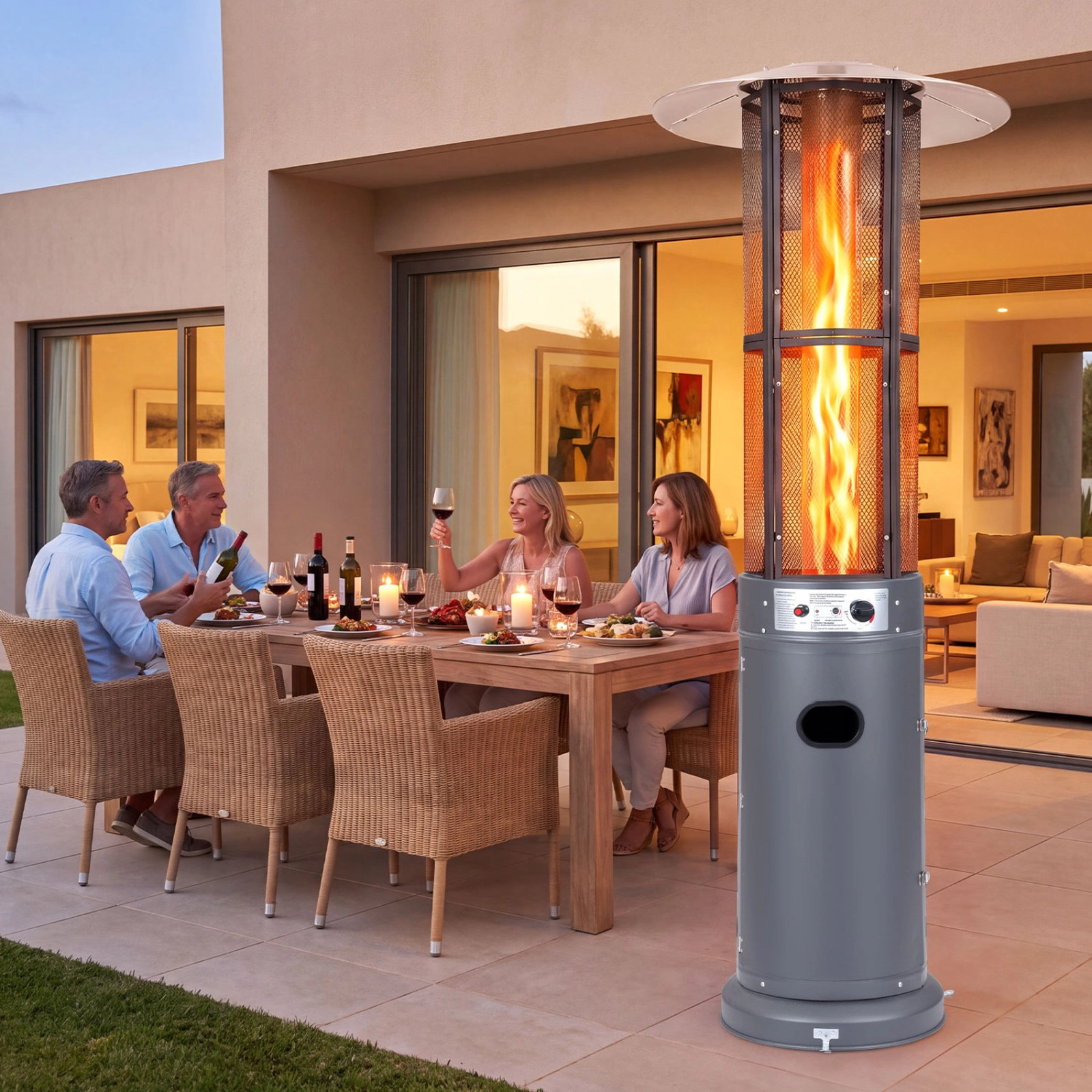 SUGIFT Outdoor Propane Patio Heater with Glass Tube 34,000-BTU Output with Tilt-Over Protection Dark Gray/Gray/Silver