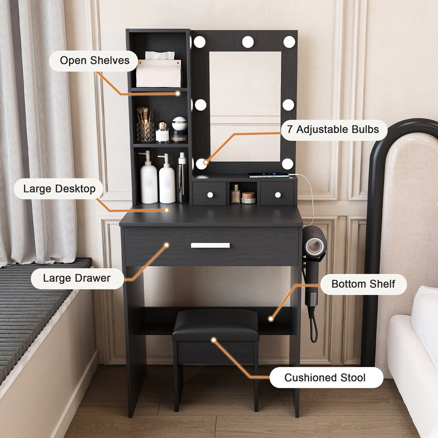 GBruno LED Lighted Vanity Desk Set With Padded Stool