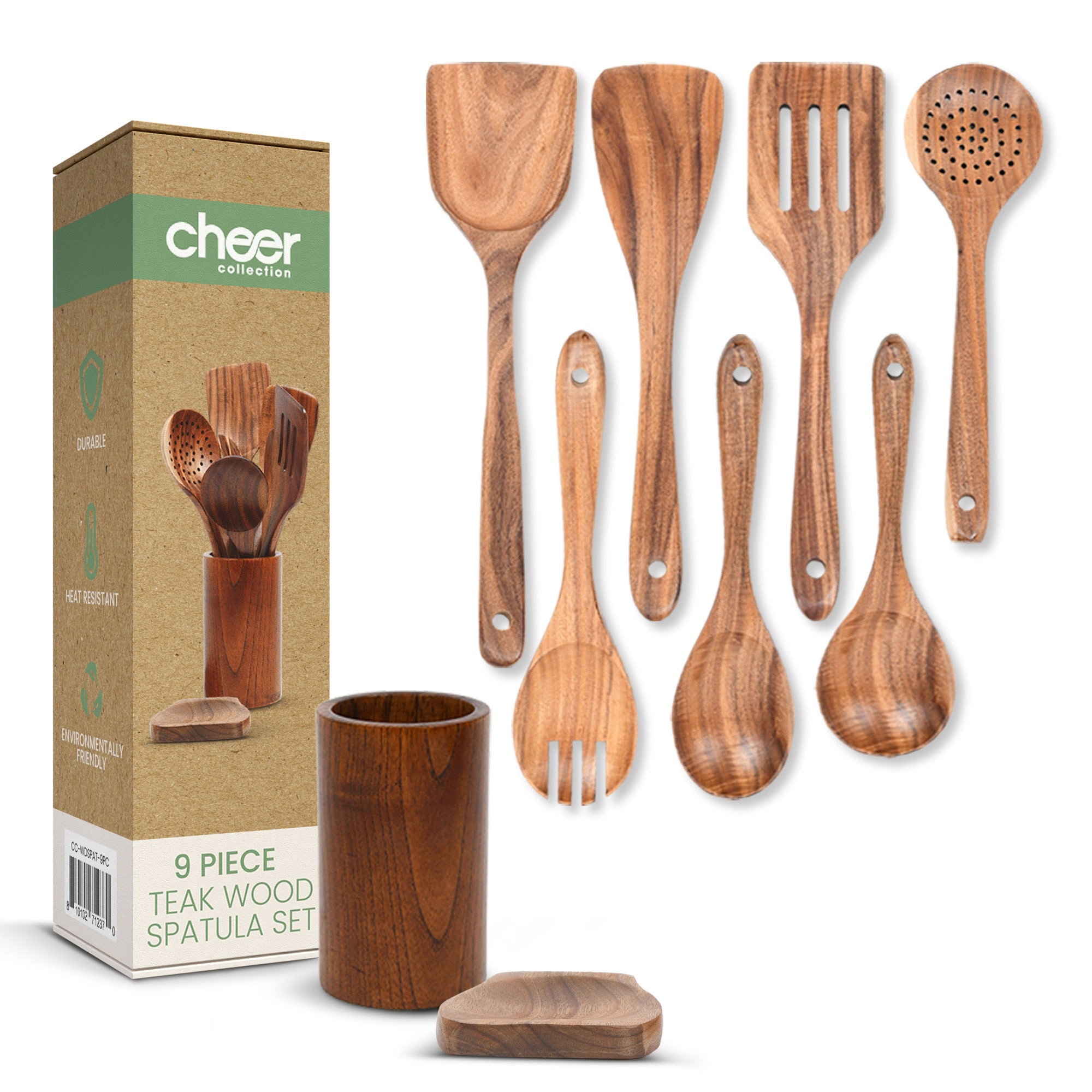Cheer Collection 9-Piece Deluxe Wood Utensil Set w/ Holder & Spoon Rest