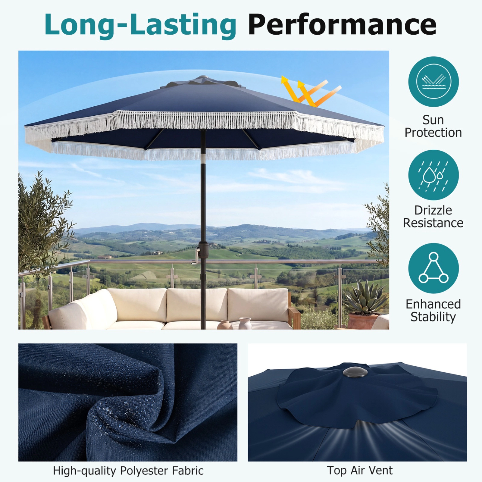 SUGIFT 9-ft Navy Patio Umbrella with Tassel Fringe Scalloped Canopy 25-Degree Tilt Safety Latch and 8 Ribs