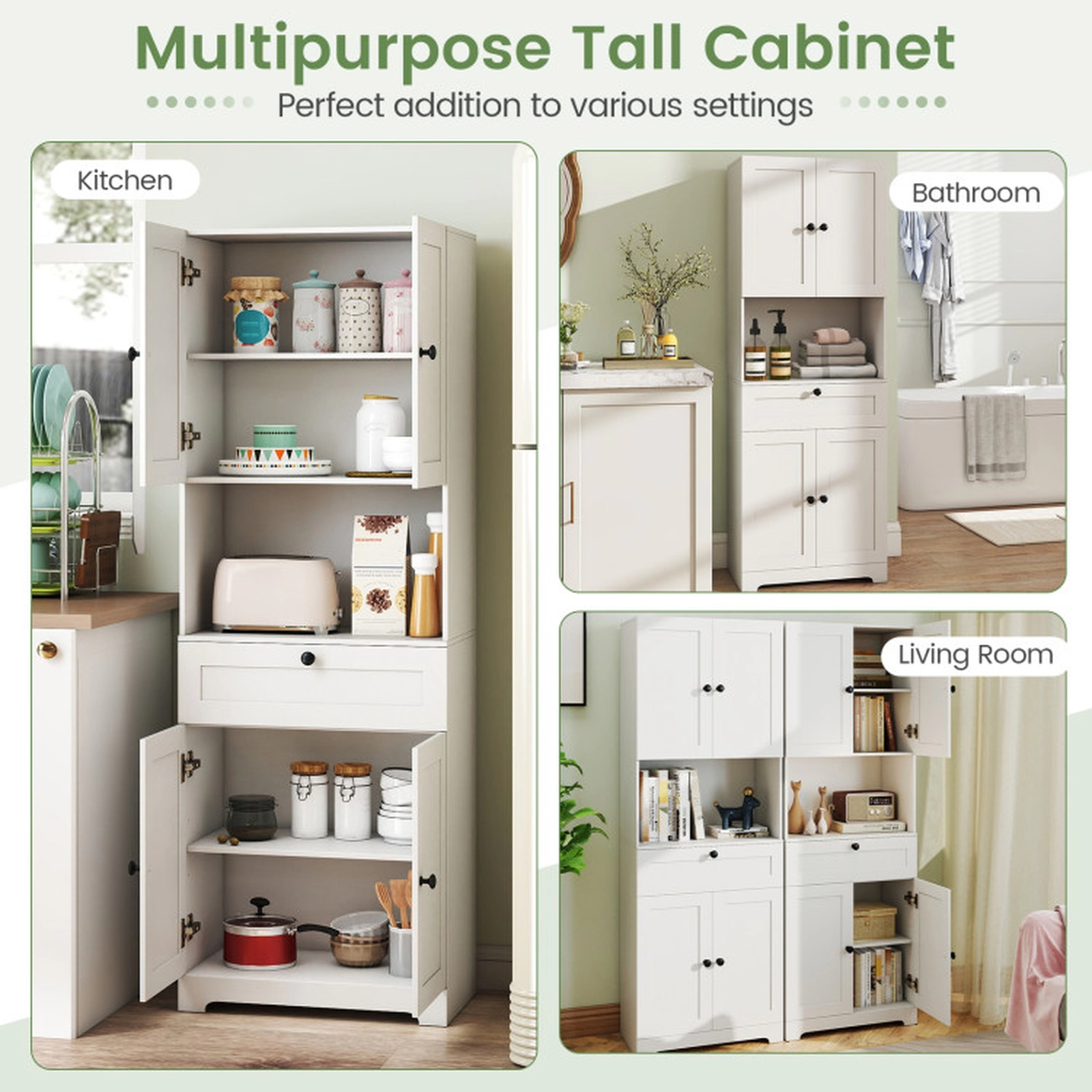 SUGIFT 4 Doors 1 Drawer Adjustable Shelf Freestanding Storage Cabinet 23.5-in x 14-in x 67.5-in 243-lb Capacity White