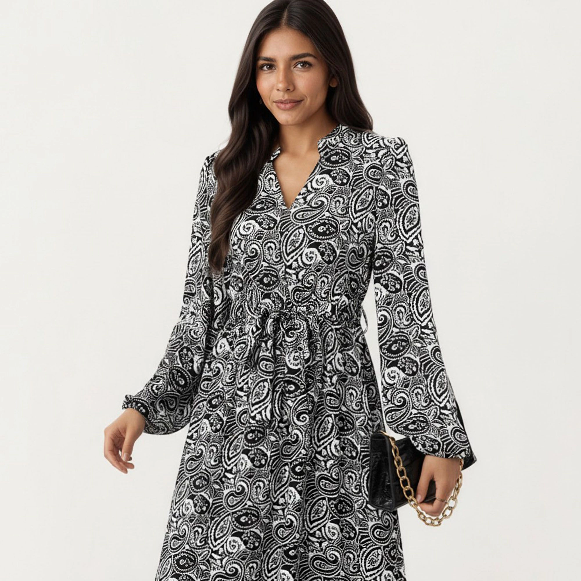 Anna-Kaci Women's Black Paisley Print Long Sleeve V Neck Dress