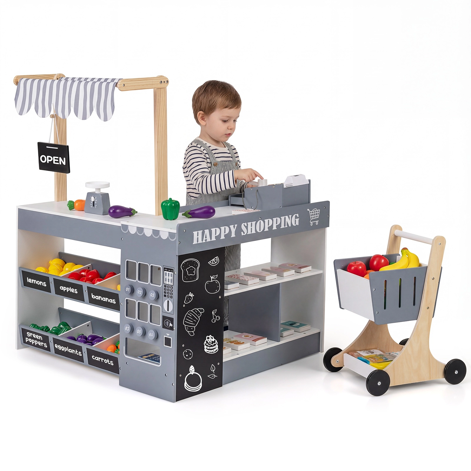 SUGIFT Gray Shopping Cart Kids Wooden Grocery Store Playset Pretend Supermarket