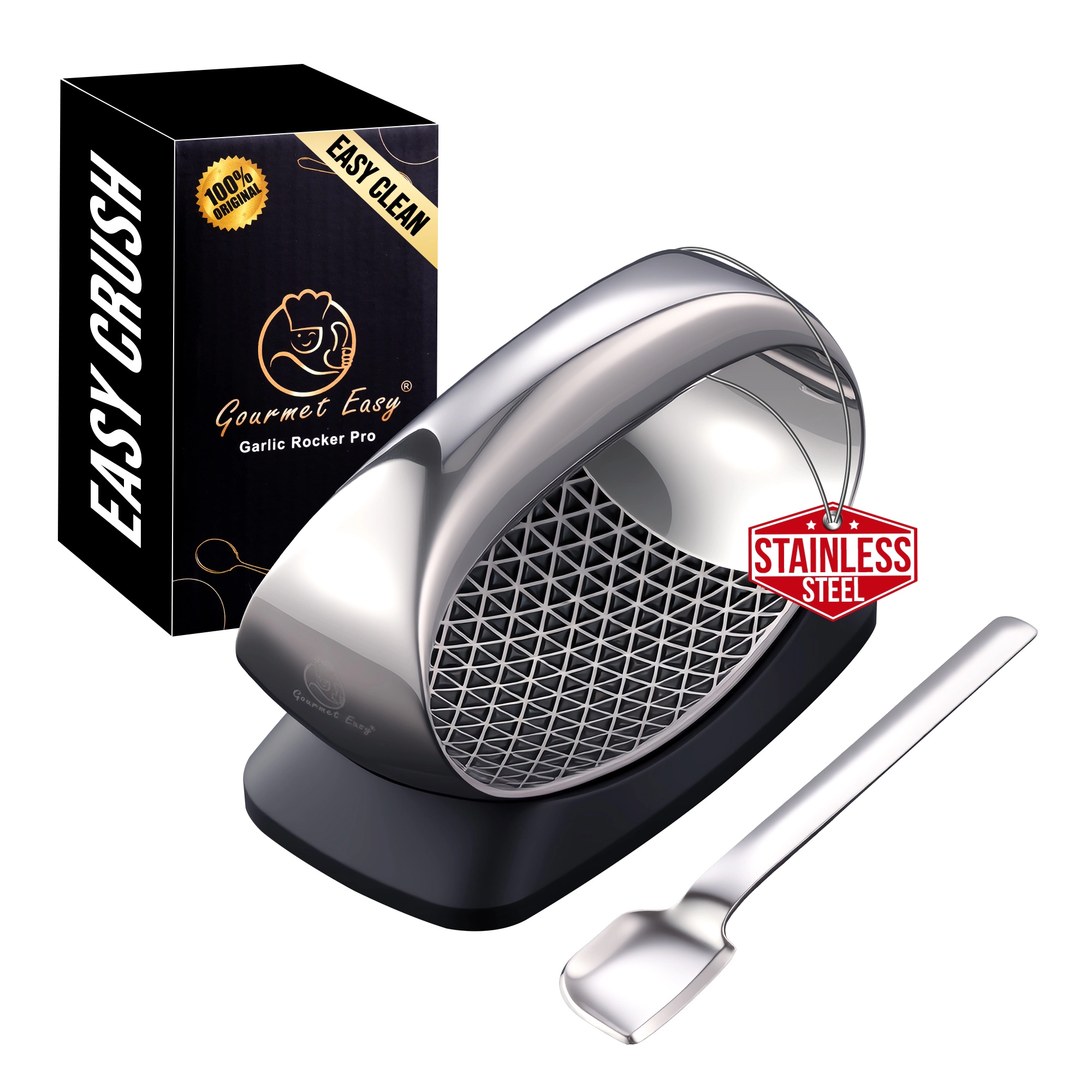 Gourmet Easy Garlic Press Rocker, Stainless Steel Garlic Crusher with Eject Base, Garlic Grinder