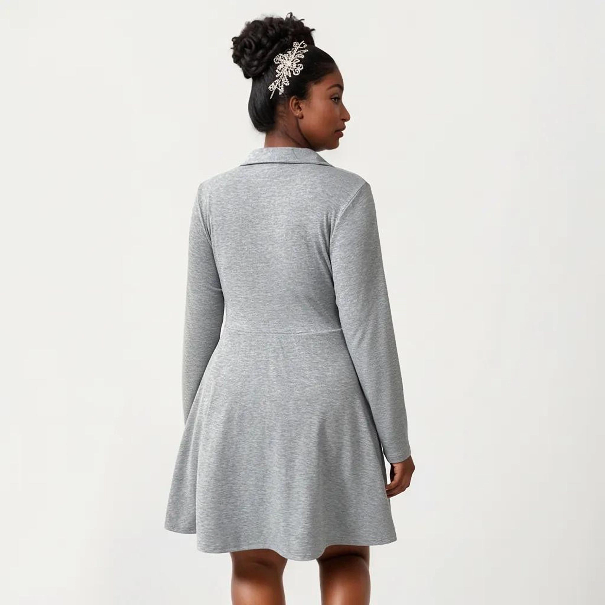 Anna-Kaci Women's Plus Long Sleeve Collared Neck Twist Front Detail Flowy Skirt Knit Dress