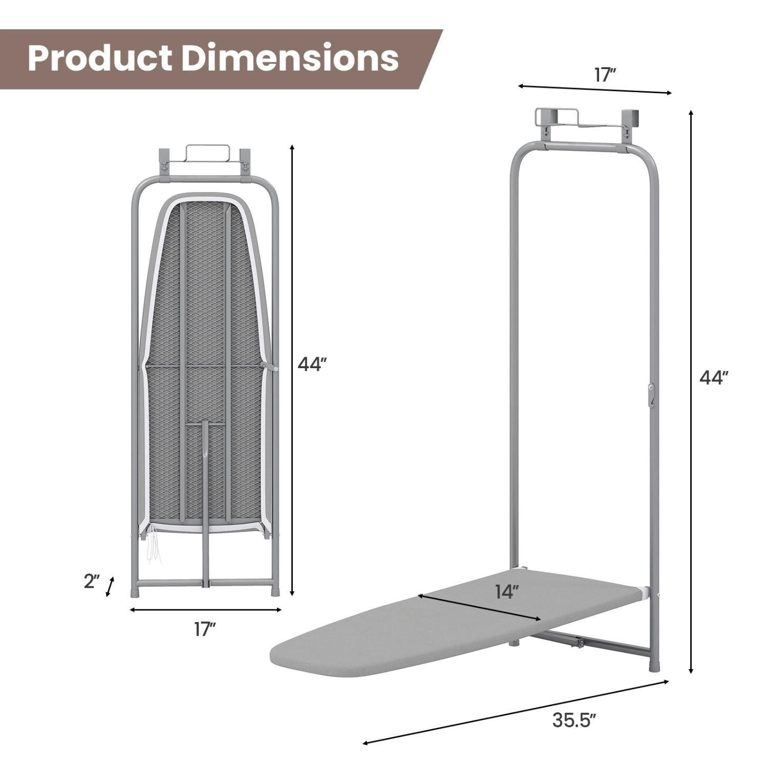SlickBlue Gray Folding Ironing Board with Iron Holder and Door Hooks, Space Saving