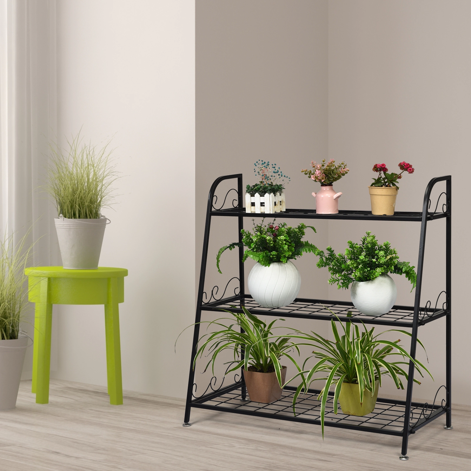 SUGIFT 3-Tier Steel Plant Stand Shelf Display Rack with Side Handles 44/33/22-lb Layer Capacities 32-in Tall Black