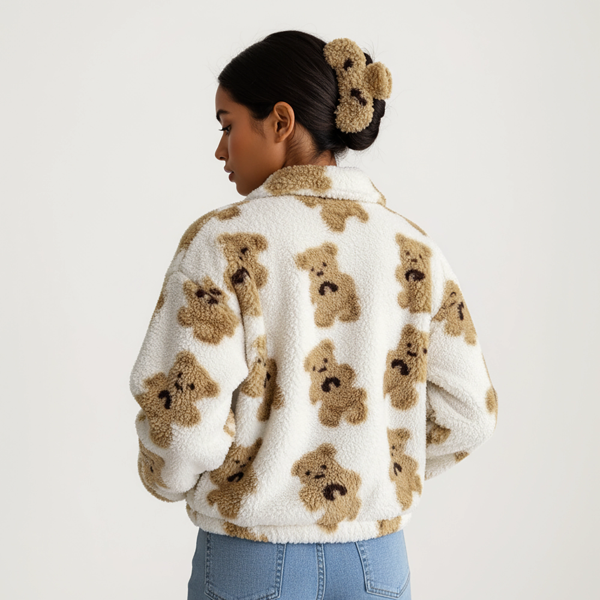 Anna-Kaci Women's Zip-Up Teddy Print High Pile Fleece Jacket with Long Sleeves and Relaxed Fit