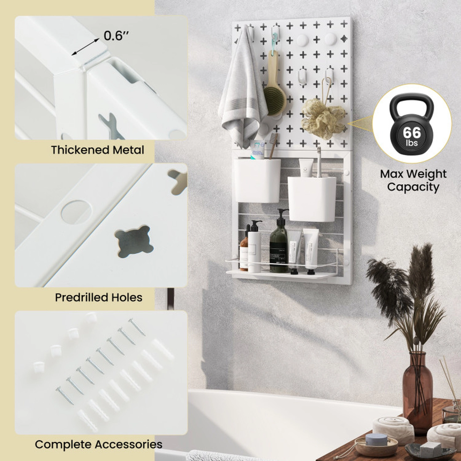 SUGIFT 12-in x 12-in 66-lb Capacity Pegboard Wall Organizer Kit with Magnets Hooks and Storage Containers