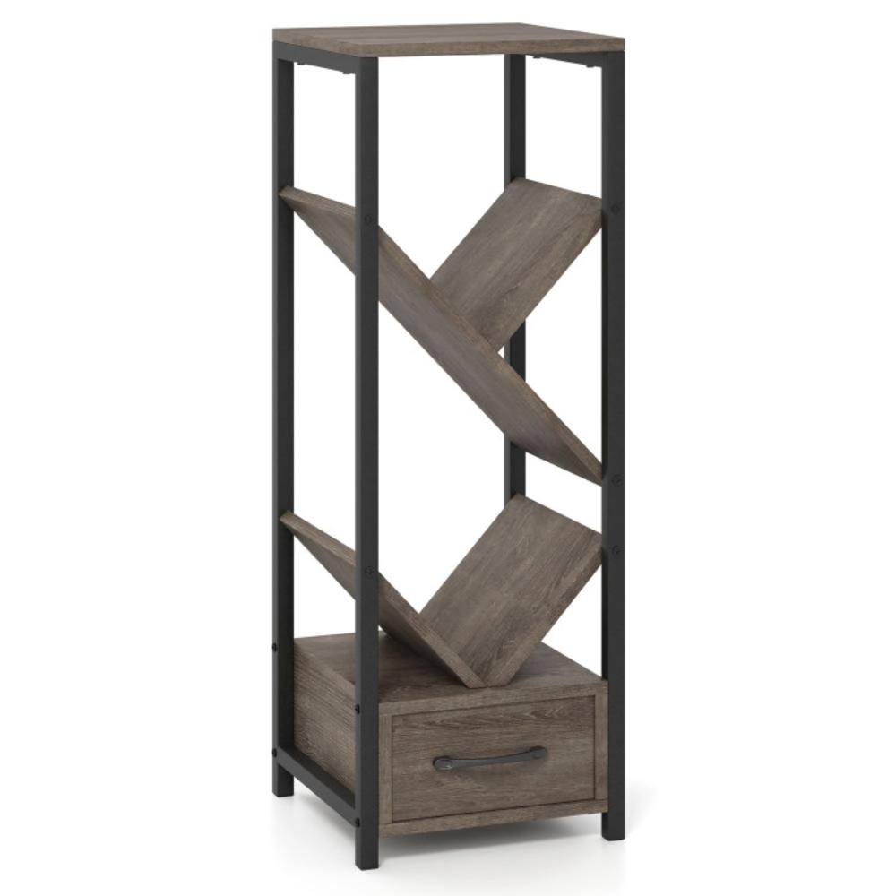 Hivvago 4 Tier Floor Tree Bookshelf with Drawer and Metal Frame-Gray