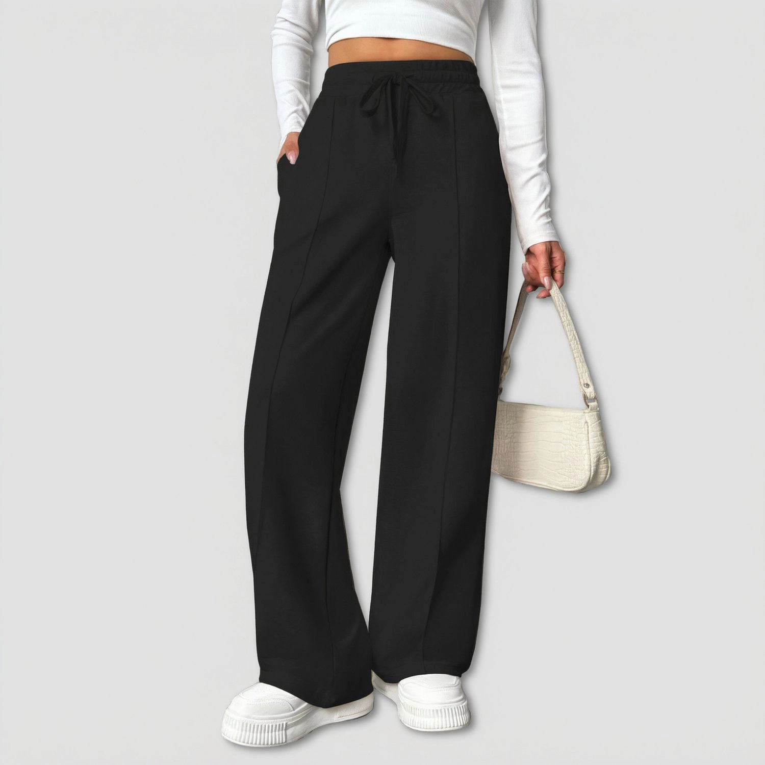 Pinspark Womens High Waist Wide Leg Drawstring Pants Solid Pleated Casual Trousers