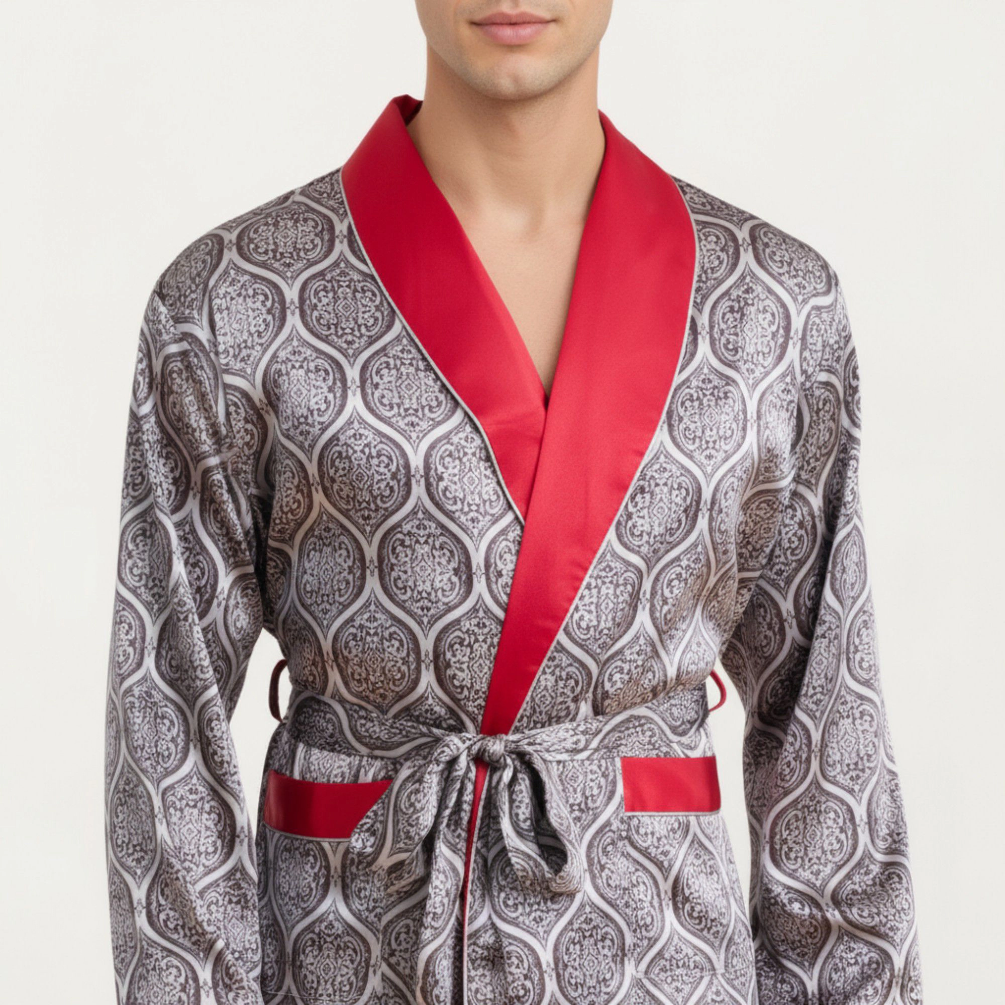Anna-Kaci Men's Satin Robe with Ornate Medallion Pattern and Contrast Trim Details