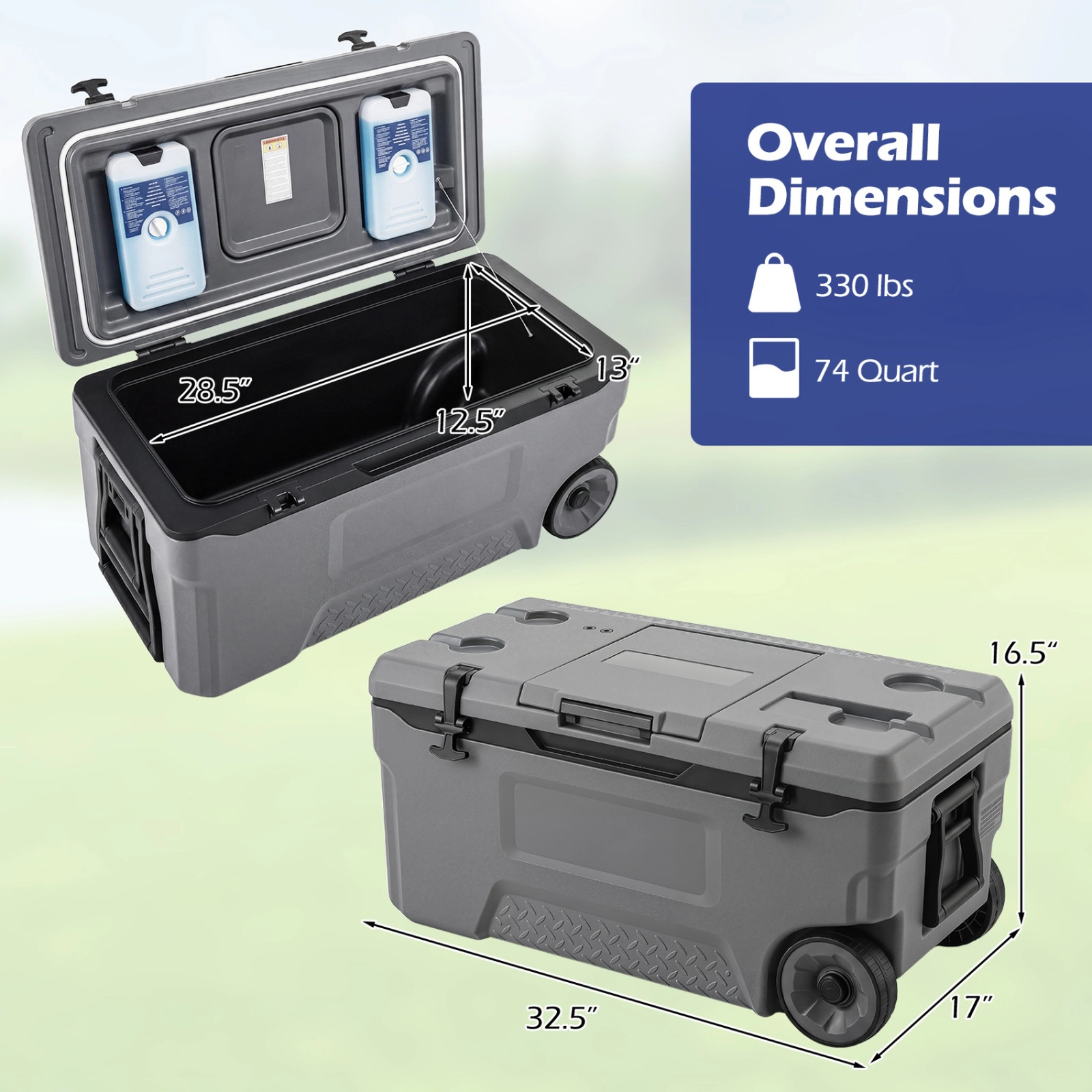 SUGIFT 74 Quart Rolling Cooler with Fish Ruler 330-lb Load Capacity Hard Side Ice Chest with Cup Holders and Wheels