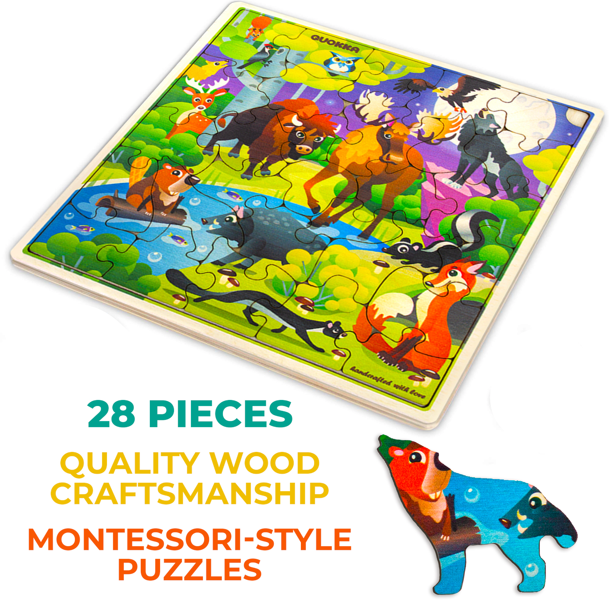 QUOKKA Wooden Jigsaw Puzzle for Kids Ages 3–8, 28-Piece Puzzle with Illustrated Theme Design